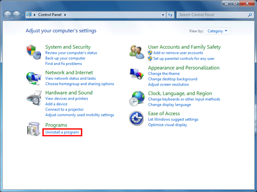 control panel category, programs, uninstall